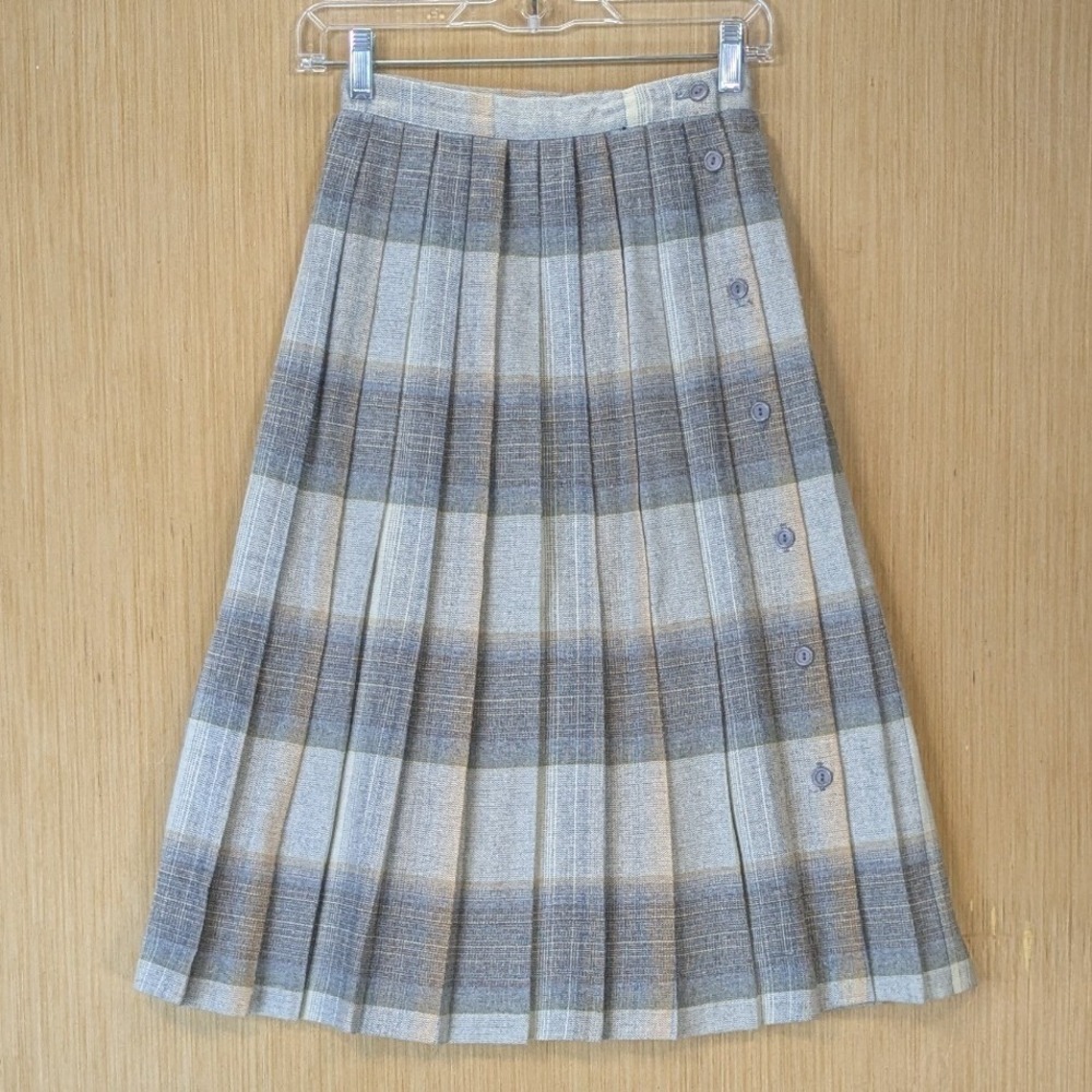 Vintage Preppy Old Money Schoolgirl Retro Plaid Pleated Midi Skirt Size 5 Gray